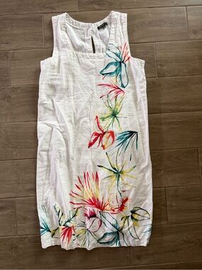 For Cynthia White Linen Blend Sleeveless Floral-Print Dress, Vacation